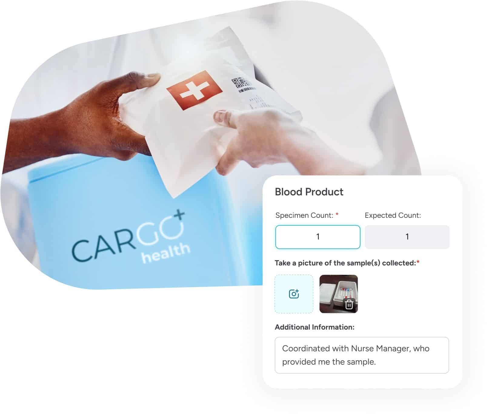 A carGO Health medical courier handing a medical package to a healthcare professional and a form for documenting blood product details displayed on the side