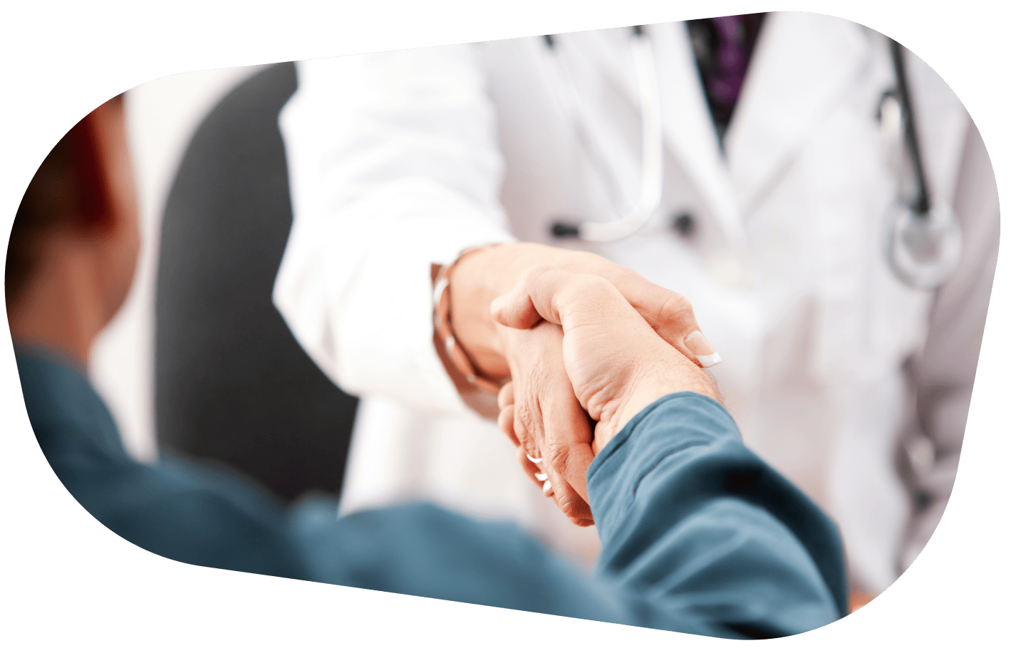 A doctor in a white coat shaking hands with a medical courier.