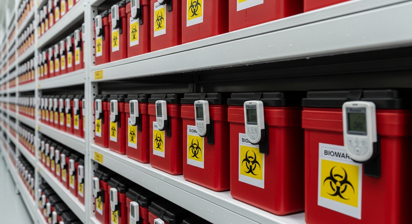 Insulated blood product transport containers with biohazard labels in blood bank storage facility