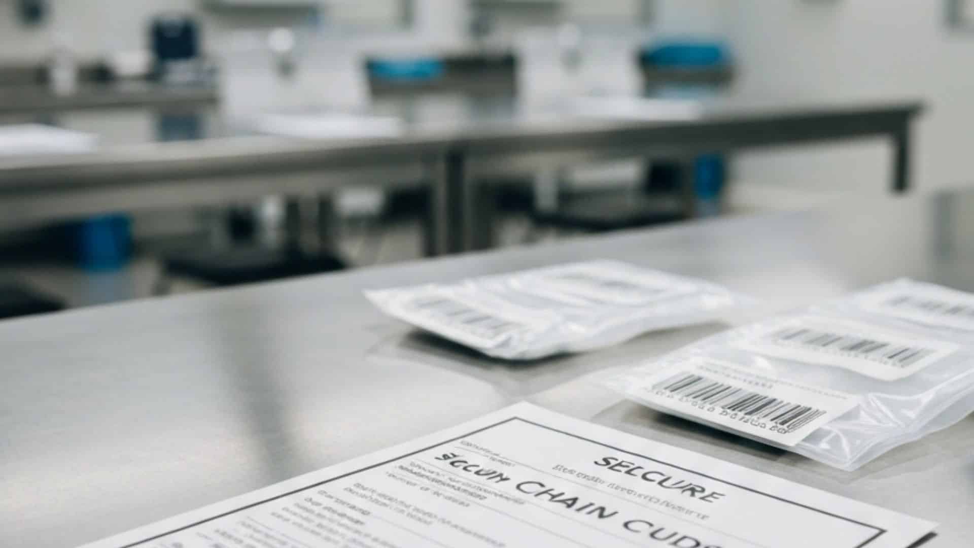 Chain of custody documentation with barcode labels on medical specimen bags in clinical laboratory