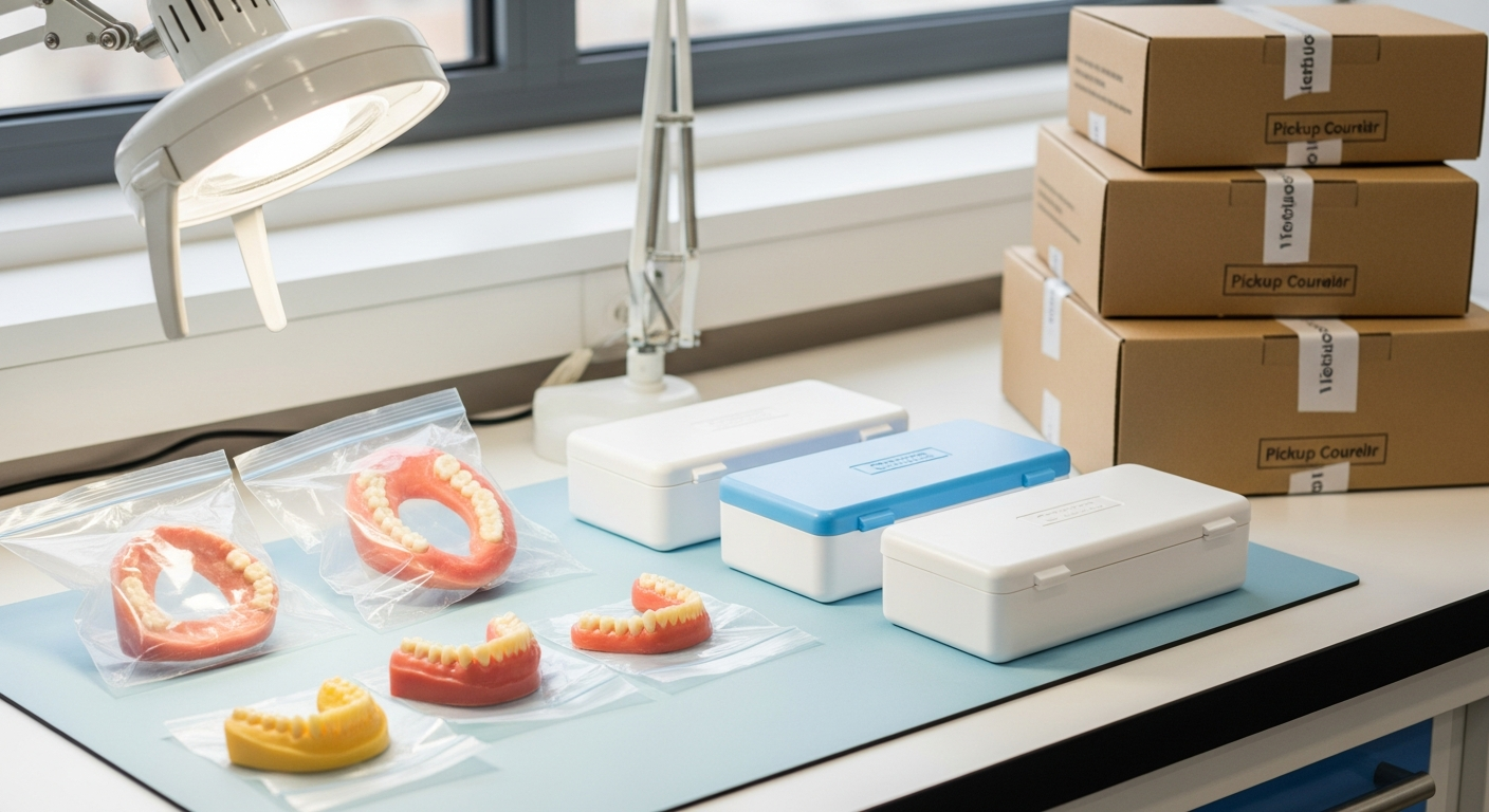 Dental laboratory courier transport containers with impressions and prosthetic cases