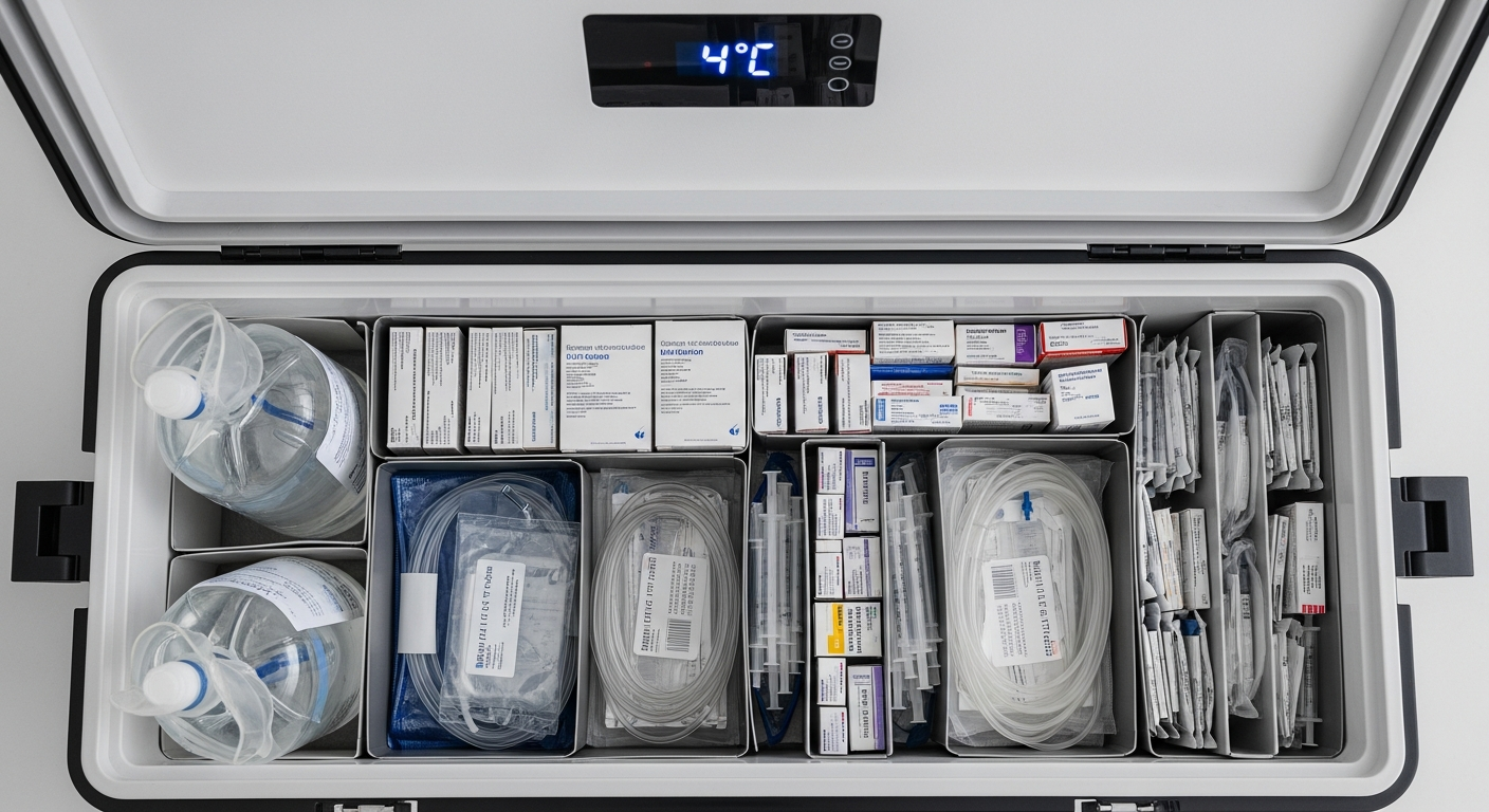 Home infusion delivery temperature-controlled medication transport