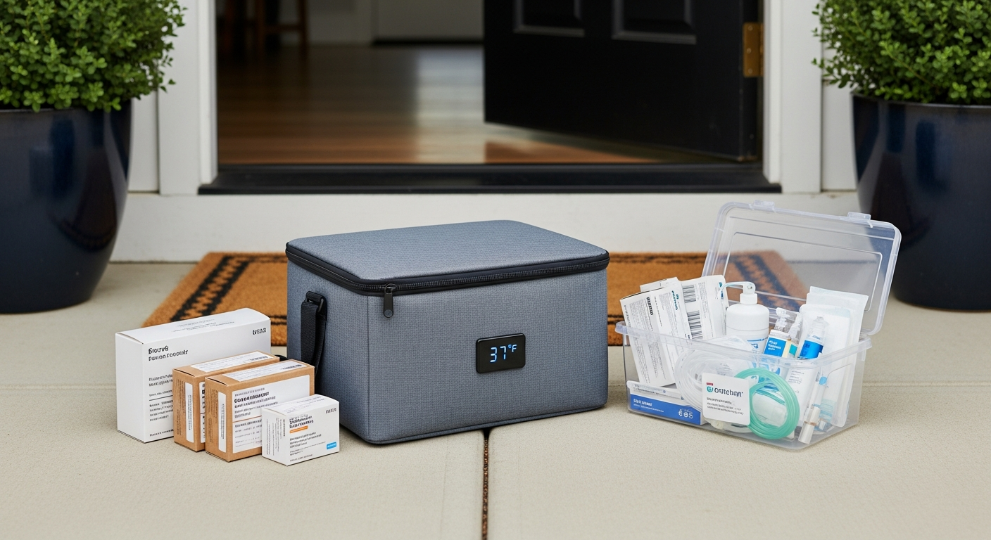 Home health infusion delivery logistics with temperature-controlled transport bag