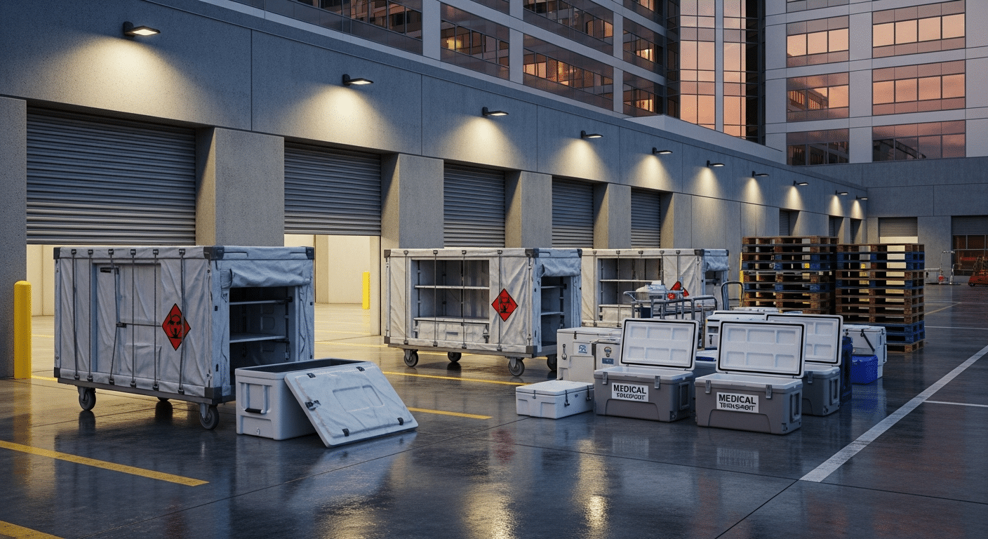 Hospital loading dock with medical transport containers and insulated coolers ready for courier pickup