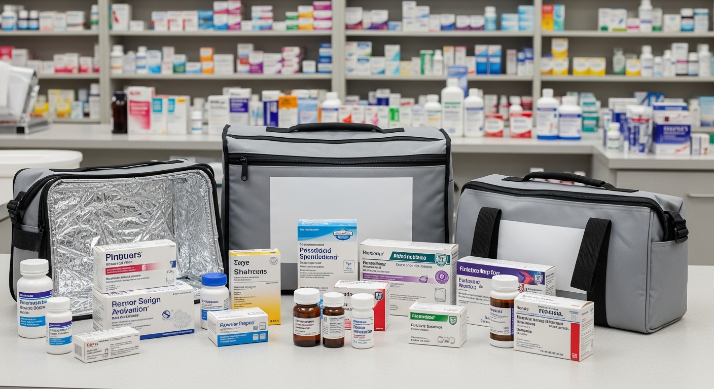 Hospital pharmacy with discharge medications packaged for bedside delivery
