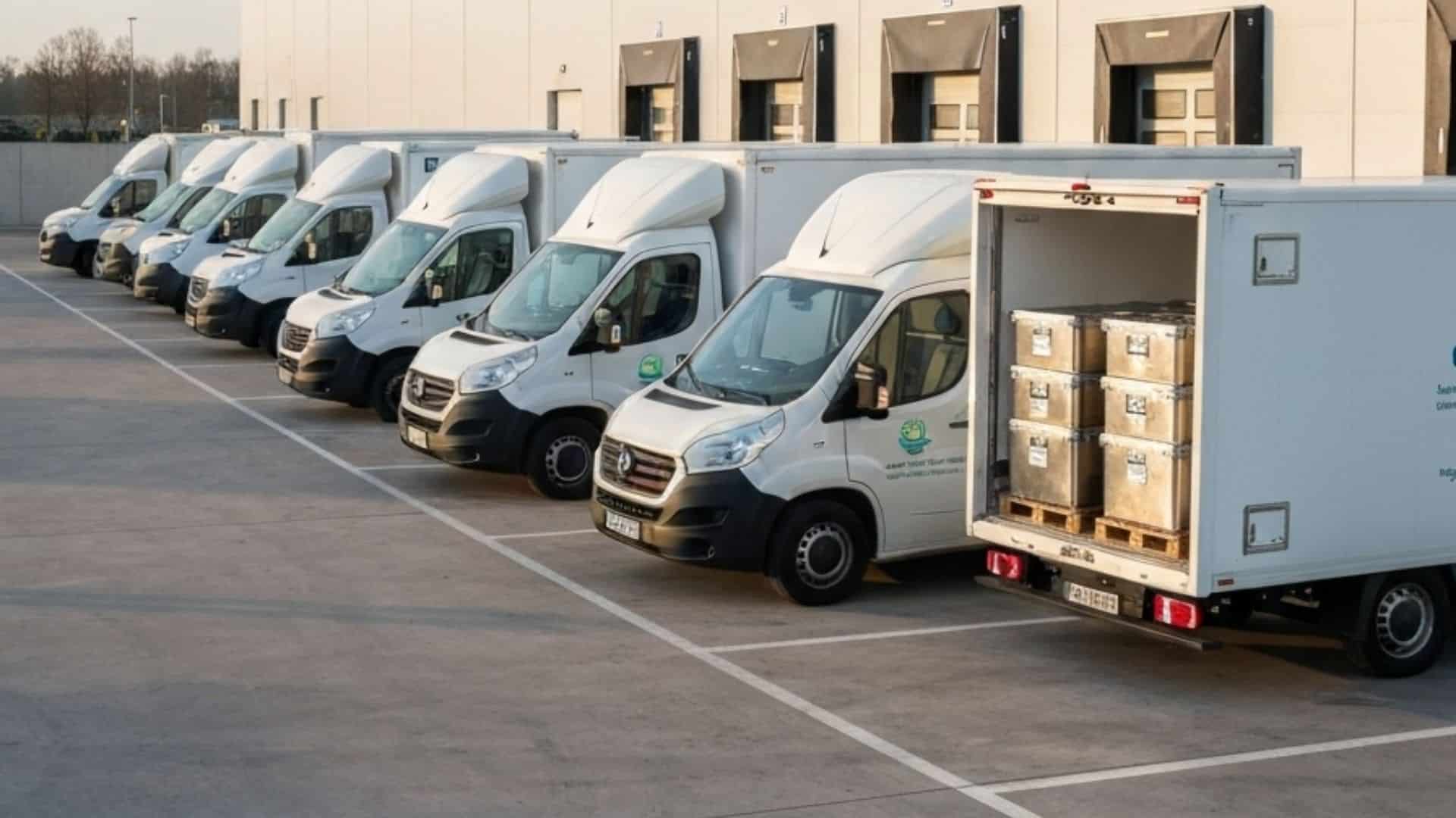 Medical delivery fleet at healthcare logistics facility for outsourced courier operations