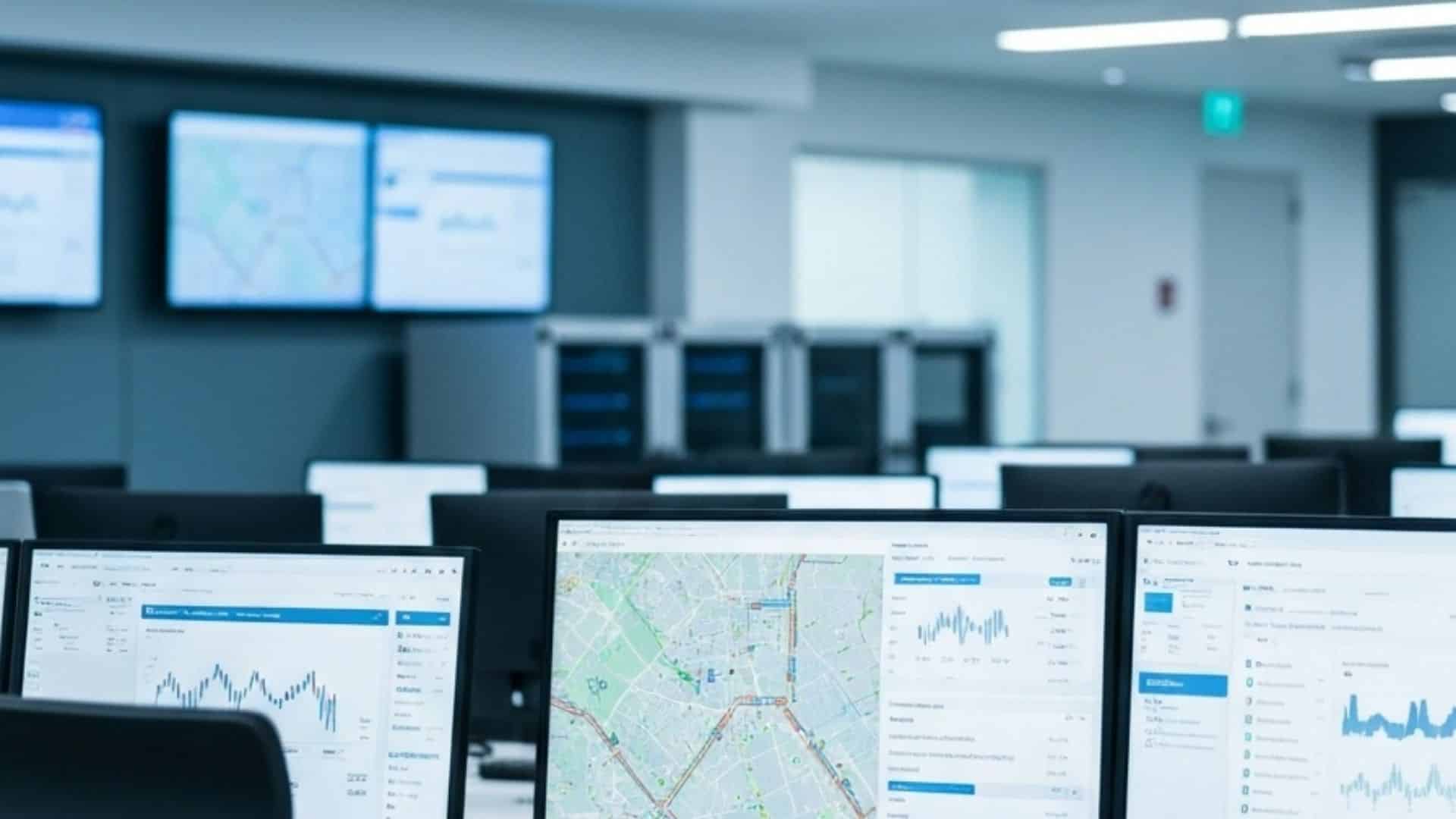 Healthcare logistics operations center with delivery route analytics for in-house vs outsourced medical courier comparison