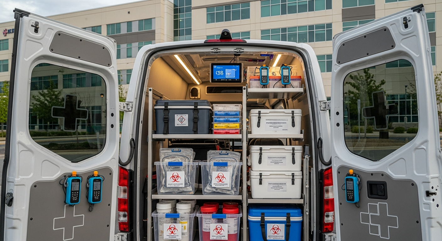 Professional medical courier delivery vehicle with temperature monitoring equipment