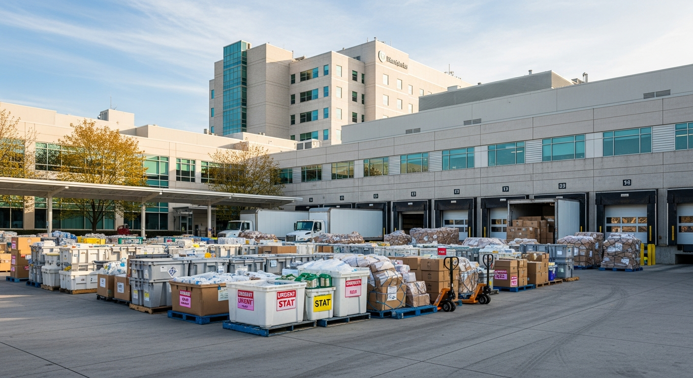 Last-mile healthcare delivery staging area at facility loading dock
