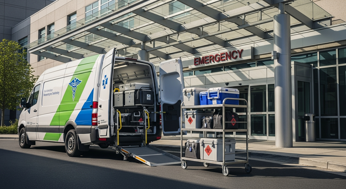 Last-mile delivery in healthcare with courier vehicle at hospital entrance