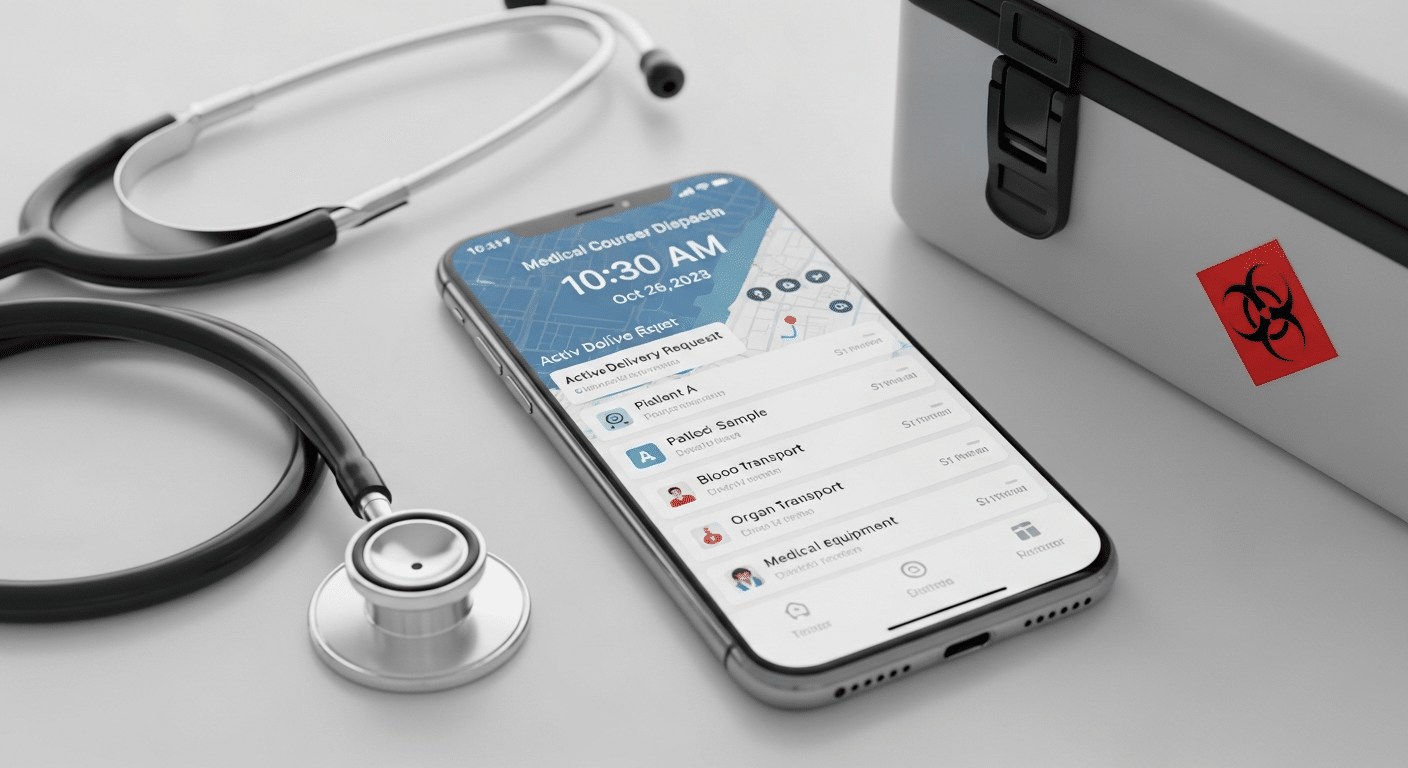 Smartphone displaying medical courier dispatch application next to specimen transport cooler