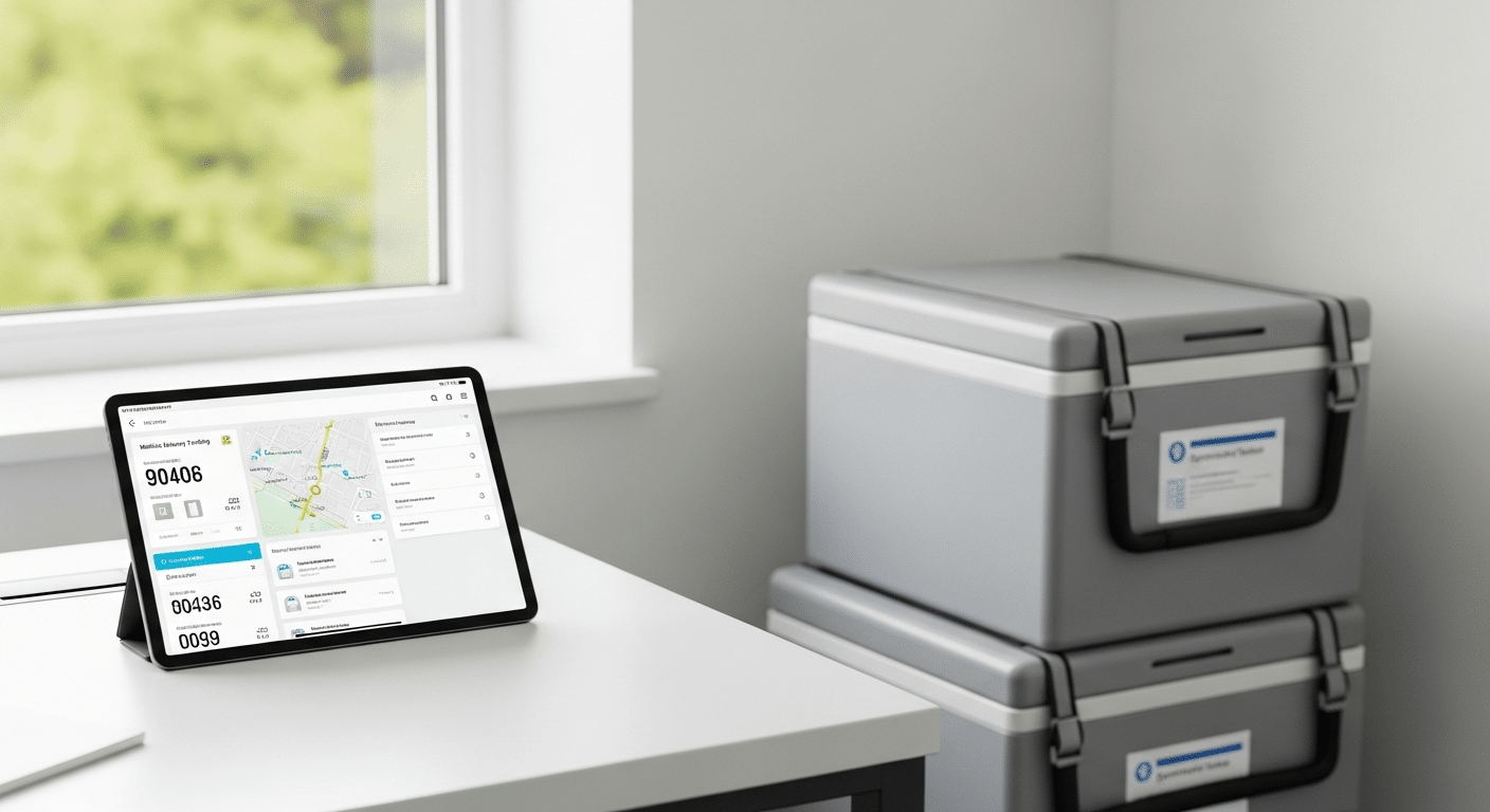 Healthcare facility dispatch center with digital tablet showing medical courier app tracking interface
