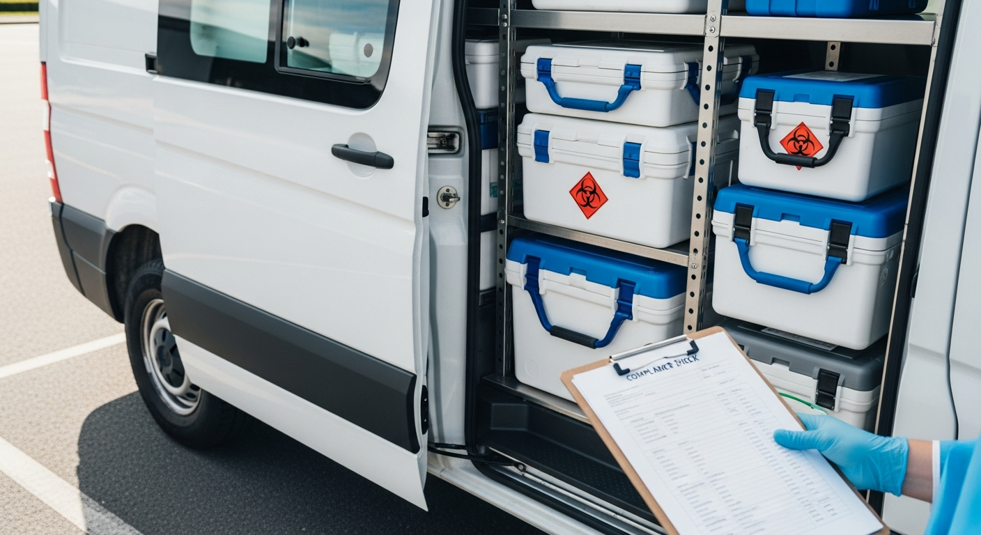 Medical courier certification documents and training materials next to transport vehicle