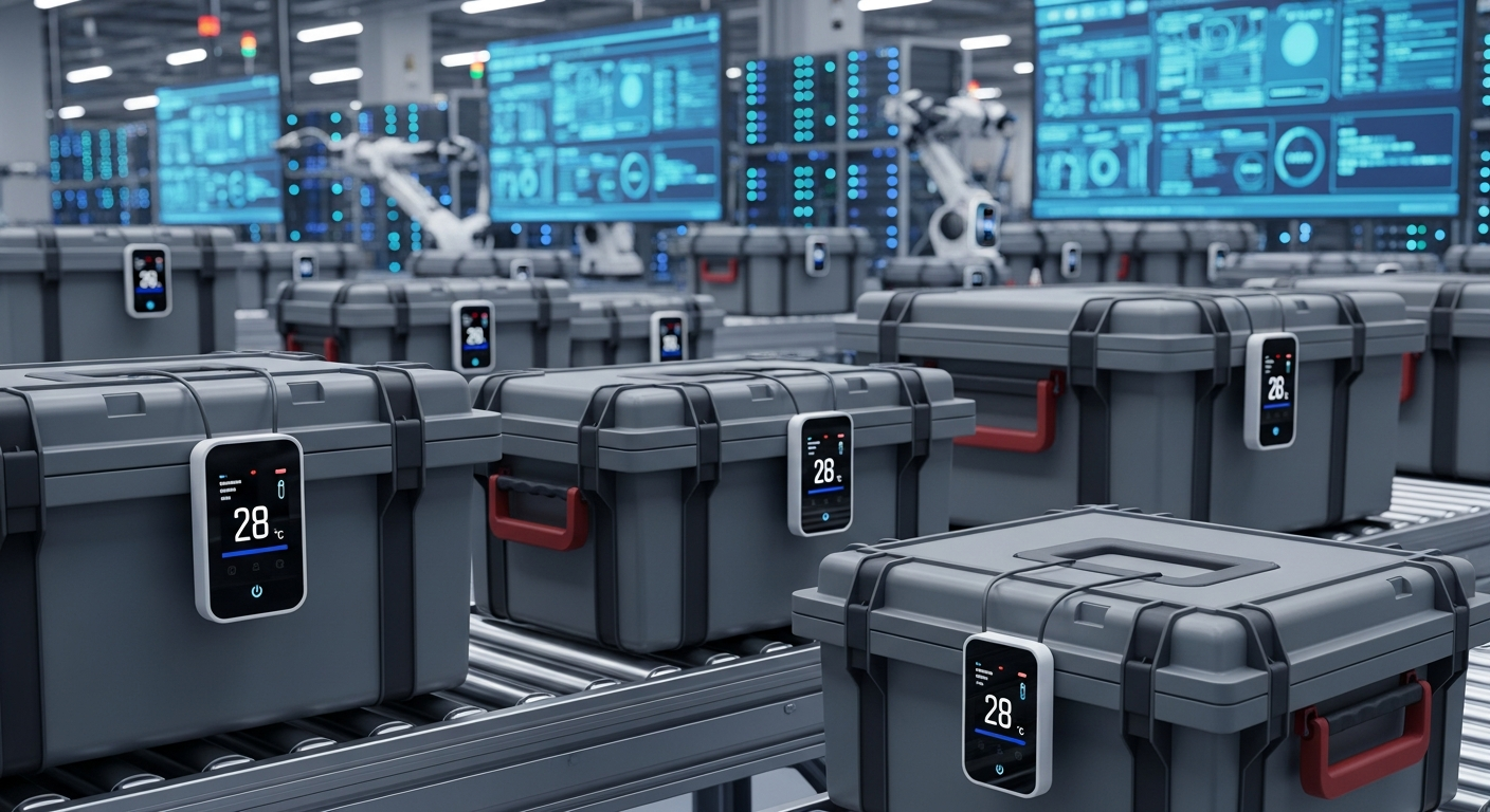IoT temperature monitoring sensors on medical transport containers with real-time data displays