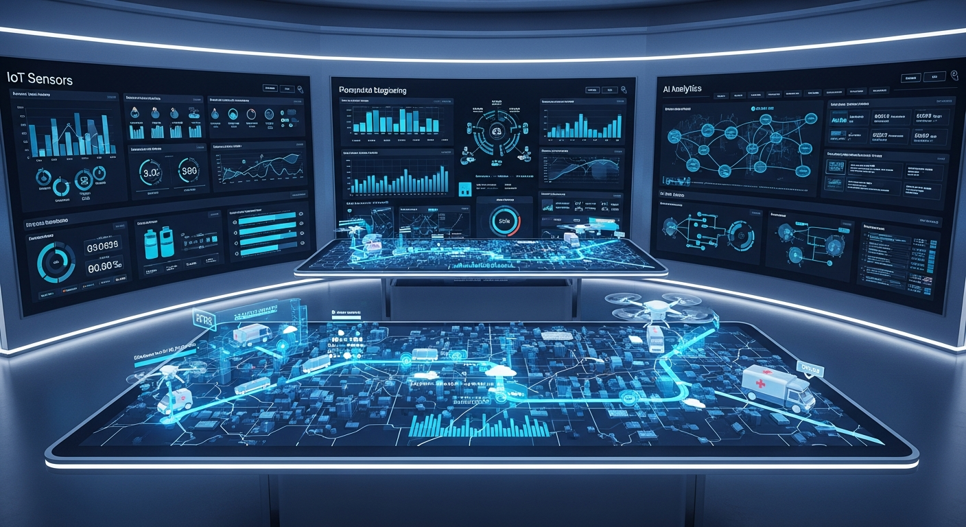 Advanced medical logistics command center with AI analytics and IoT sensor dashboards