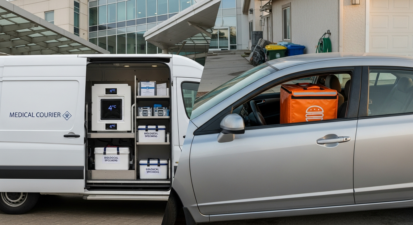 Medical courier vs gig economy delivery comparison of transport vehicles and equipment