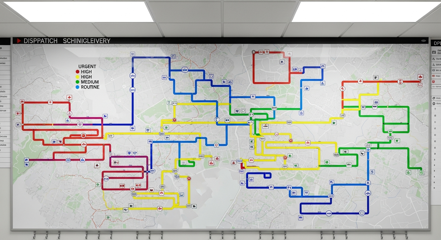 Medical delivery scheduling board showing color-coded priority levels for healthcare deliveries