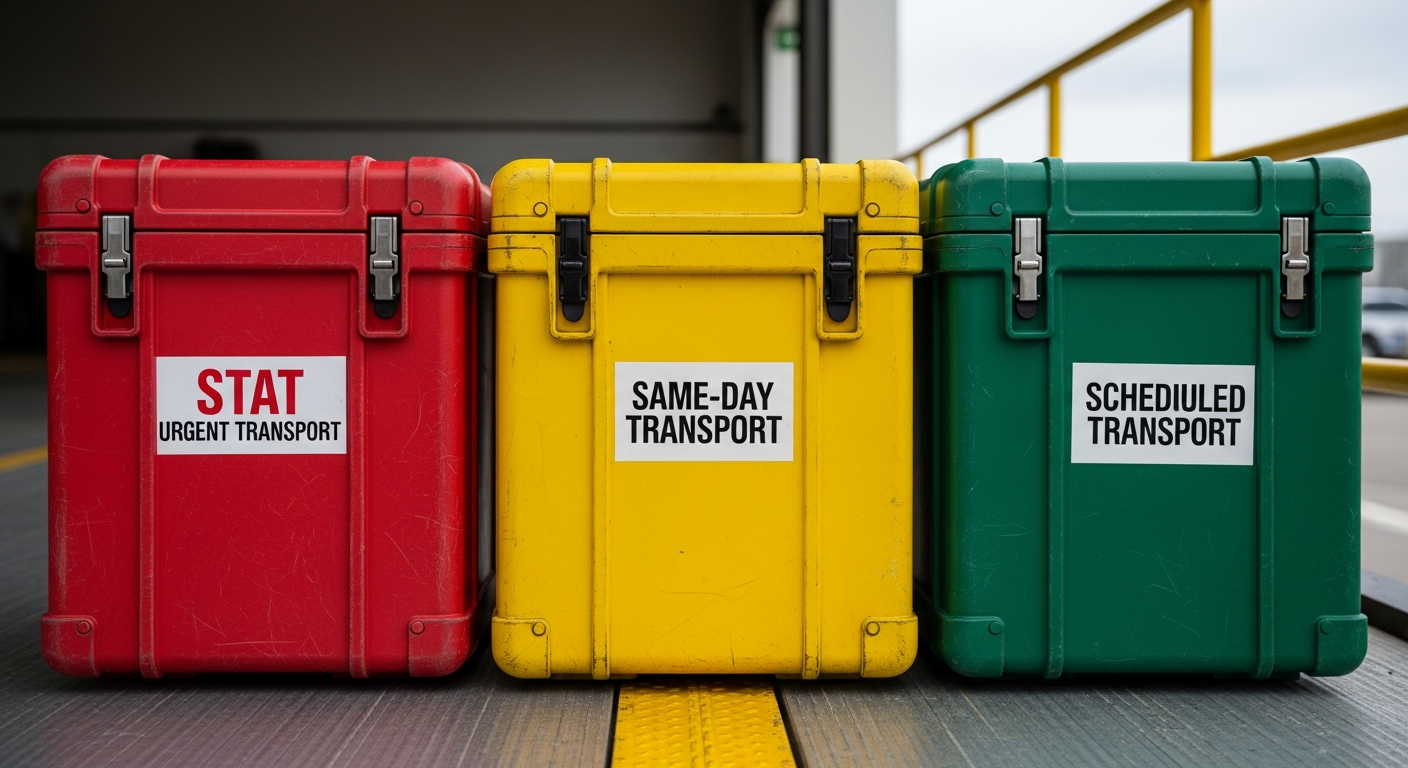 Three medical transport containers labeled STAT, same-day, and scheduled on loading platform