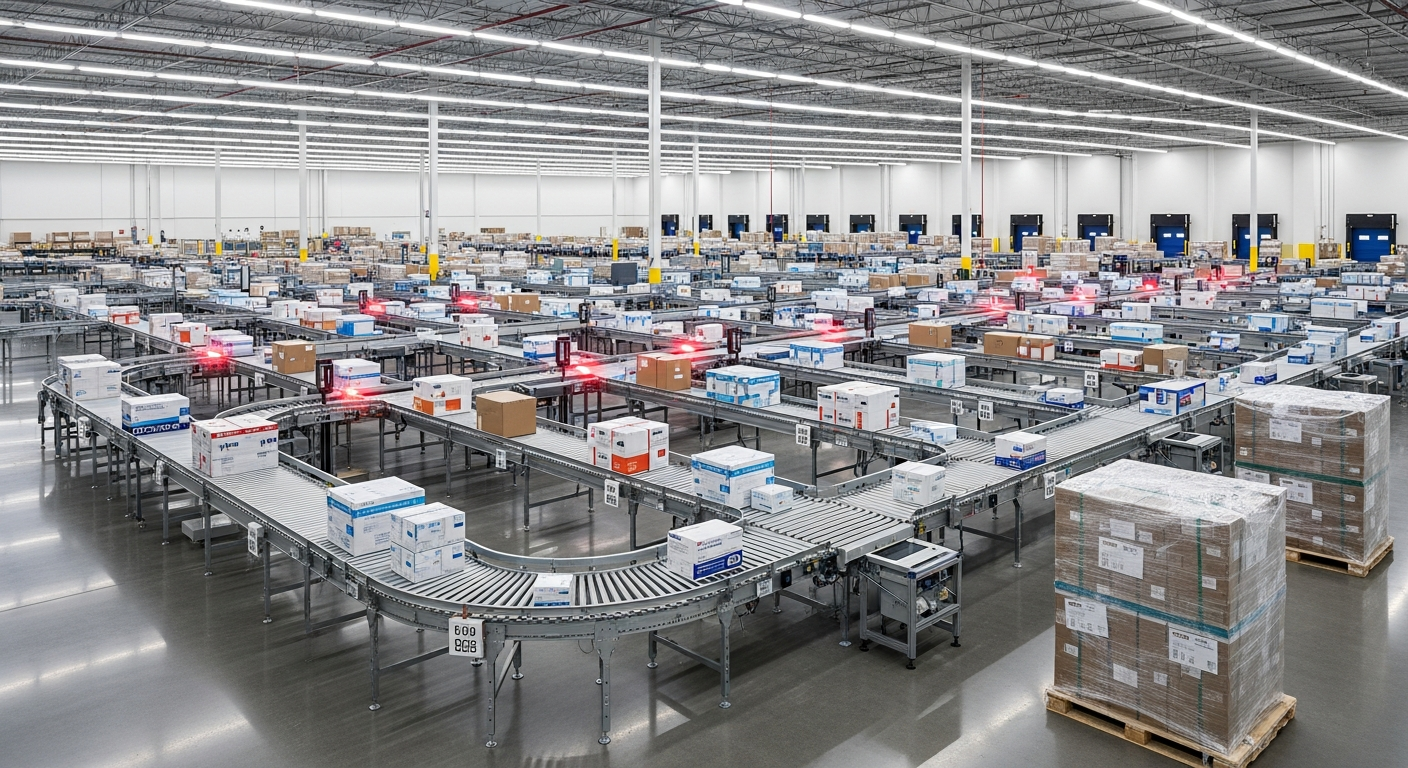 Modern medical logistics hub with conveyor systems and organized healthcare shipment staging areas