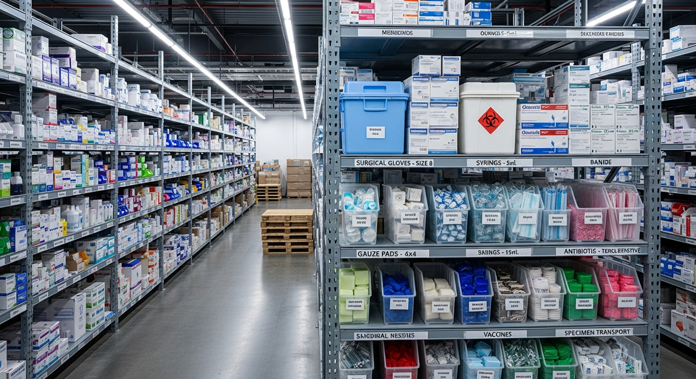 Organized medical supply warehouse with surgical supplies and insulated specimen containers
