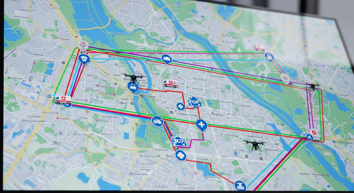 Multi-site healthcare logistics dispatch system showing facility network