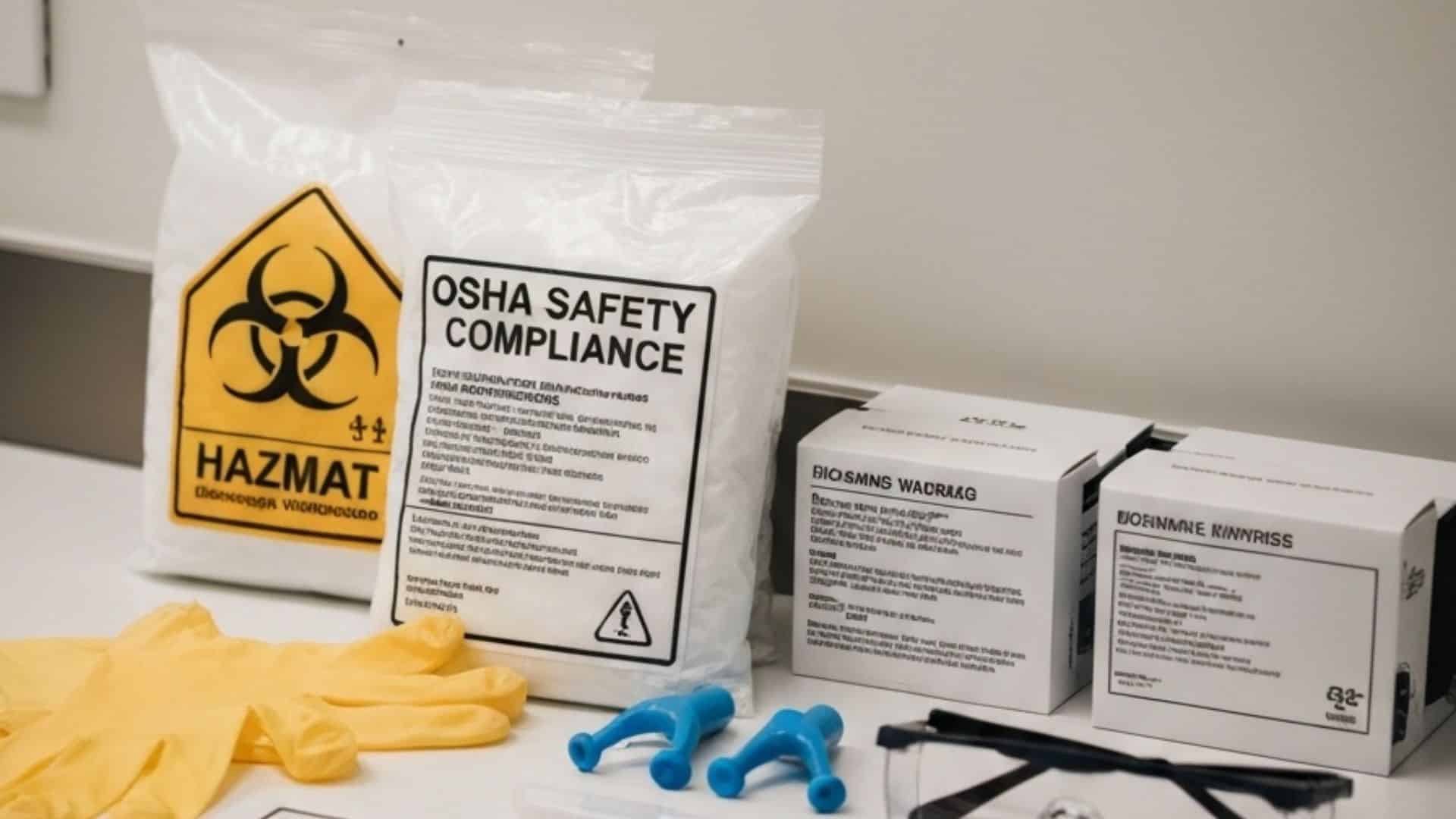 OSHA compliance materials including biohazard bags and personal protective equipment for medical courier safety