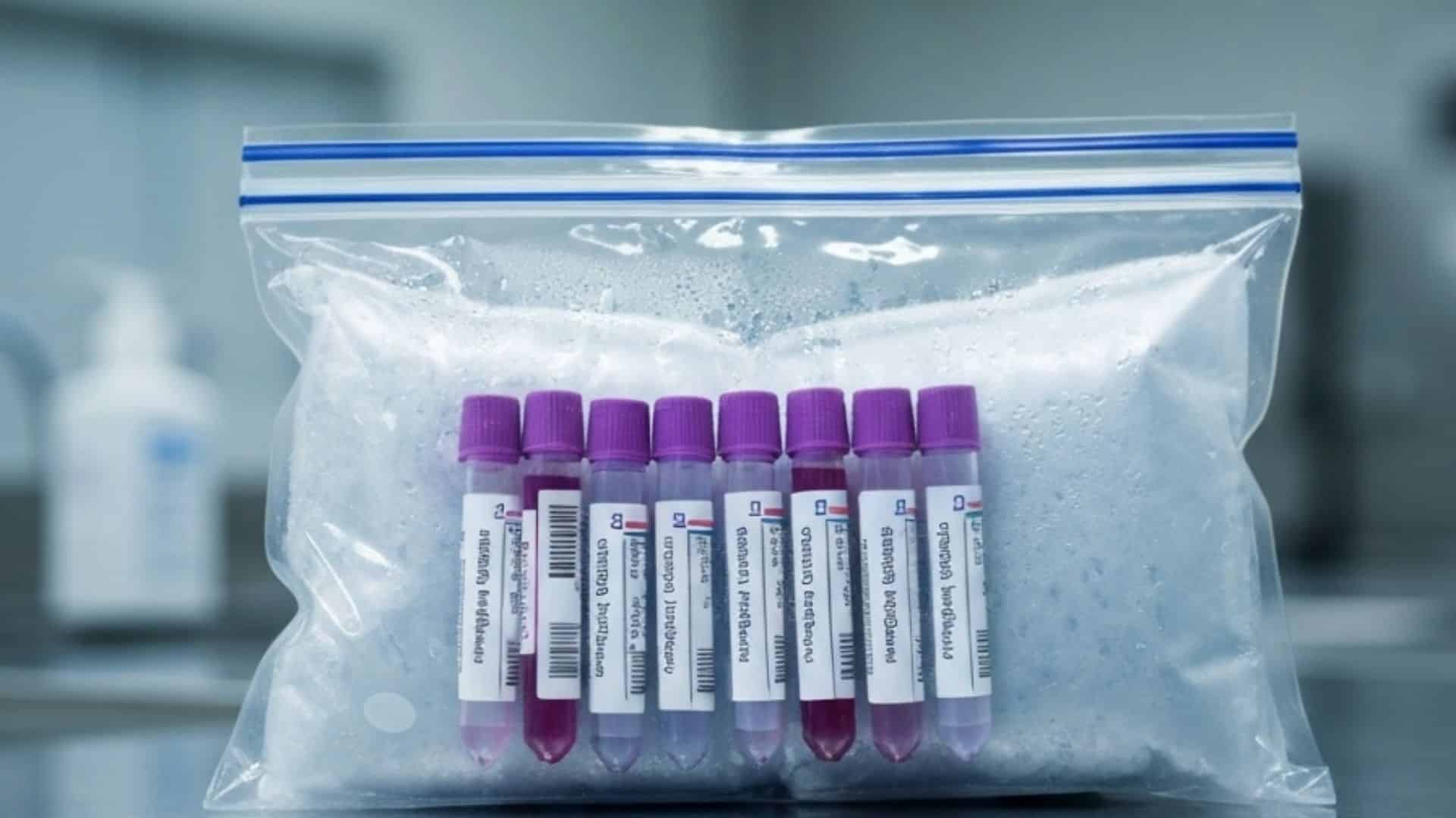 Medical specimen transport preparation with labeled tubes and cold chain packaging for pre-analytical error prevention