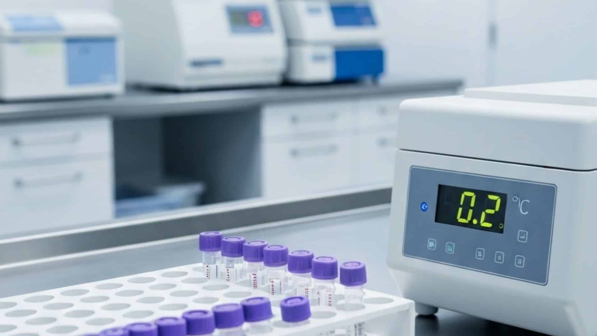 Pre-analytical errors in specimen handling showing medical specimen tubes in temperature-controlled transport container