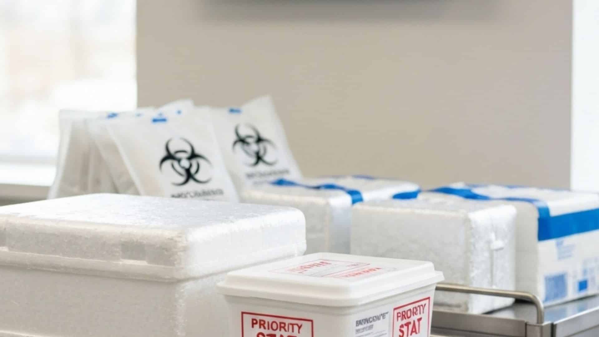 Same-day medical delivery courier transporting urgent healthcare specimens and supplies