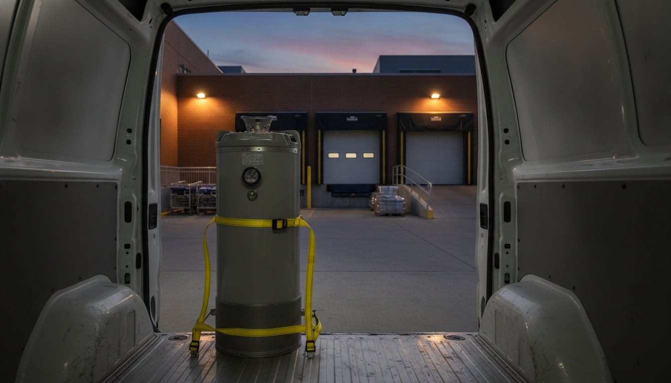 Cryogenic dry shipper secured in a courier vehicle for cell and gene therapy logistics