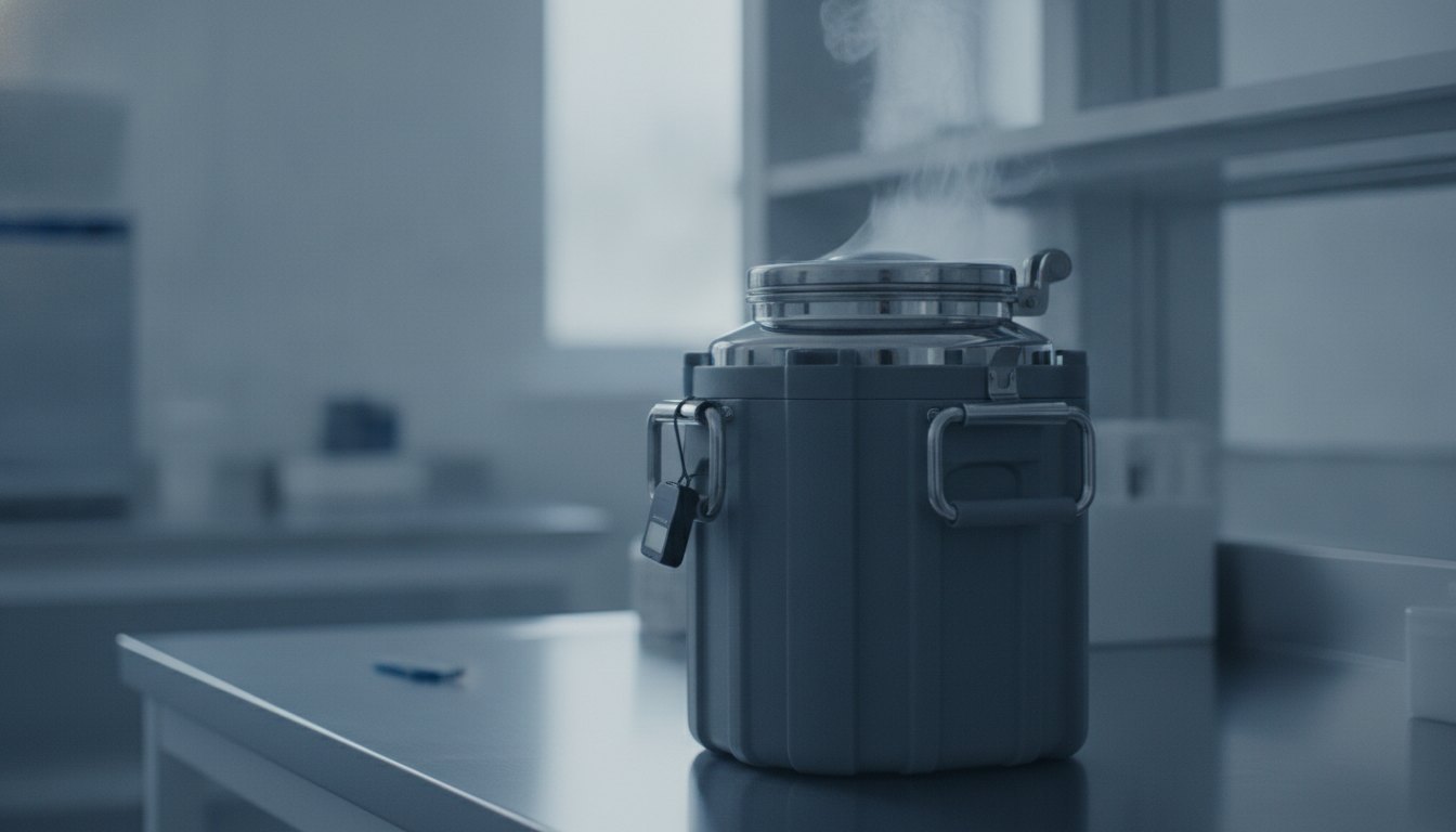 Liquid nitrogen dry shipper on a lab bench, the core container in cell and gene therapy logistics