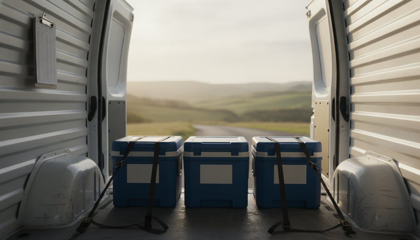 Insulated specimen coolers loaded in a courier van for dedicated medical courier routes