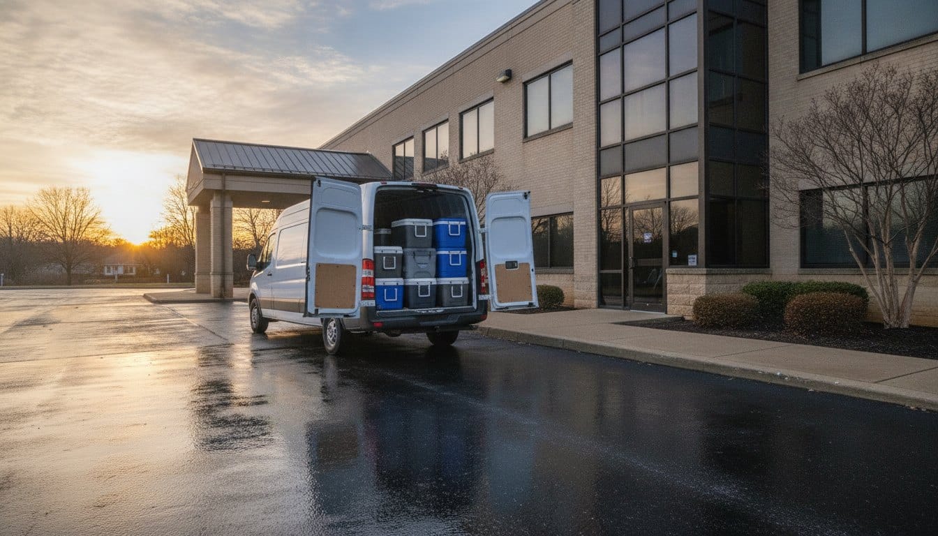 Courier van at a medical office at sunrise, illustrating dedicated medical courier routes vs on-demand service