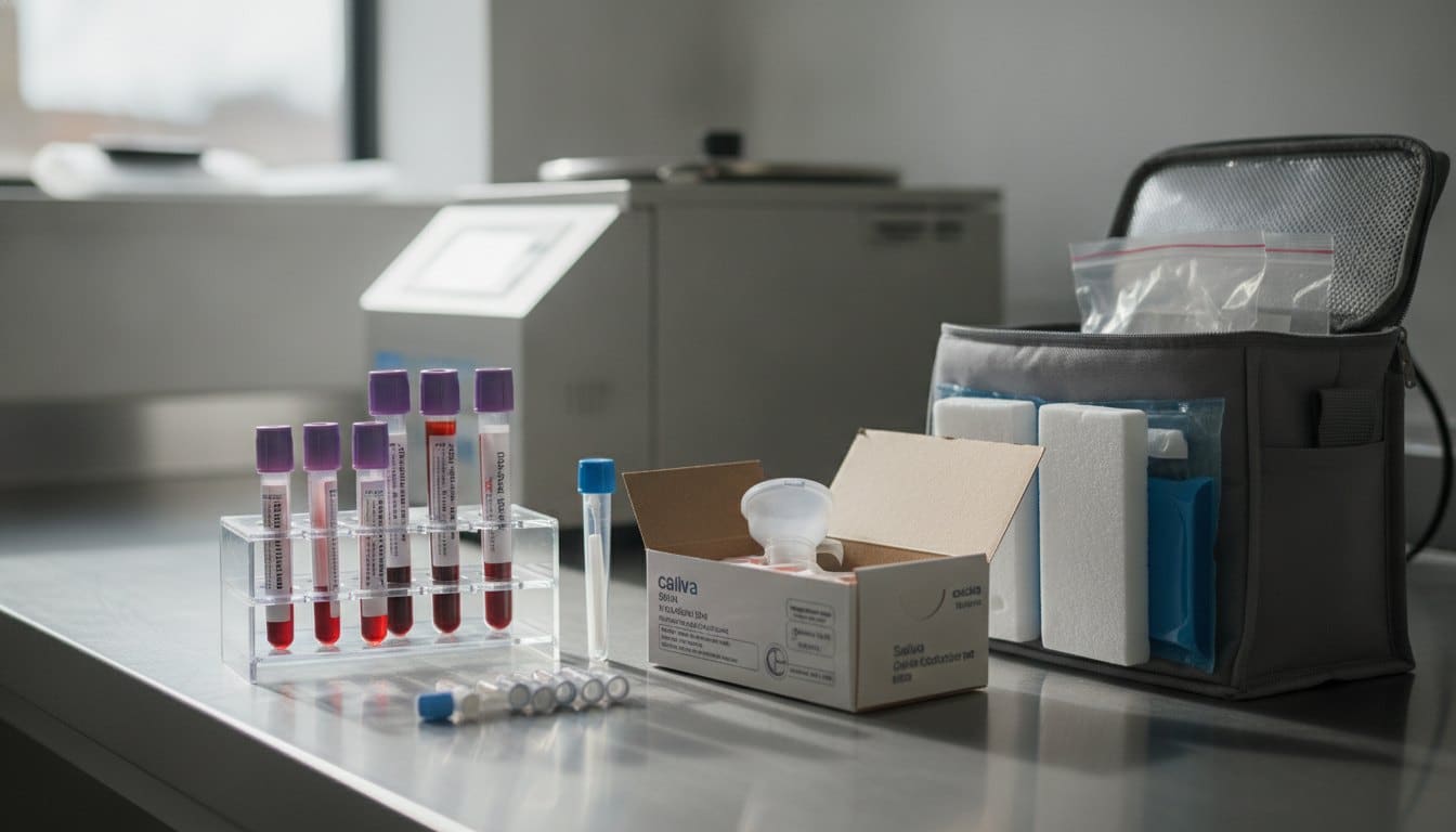 Genetic sample transport tote with blood tubes, saliva kit, buccal swab and PGT biopsy tubes