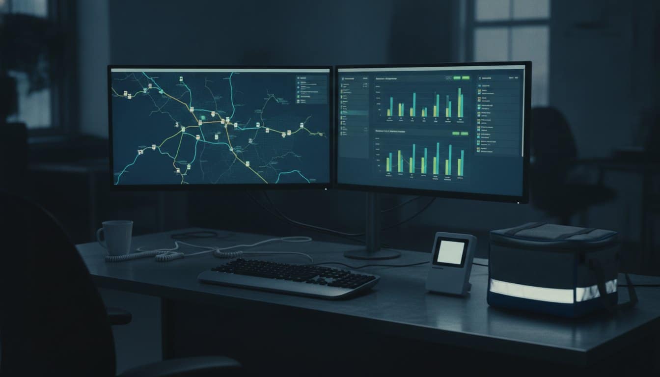 Healthcare logistics analytics dashboard on dispatch screens beside a specimen cooler