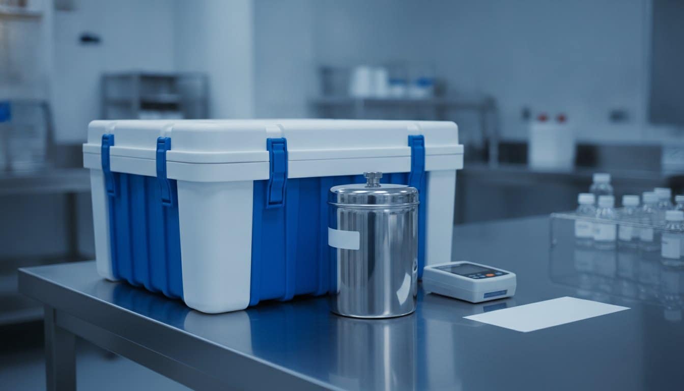 Organ and tissue transport containers with a liquid nitrogen dry shipper on a tissue bank bench