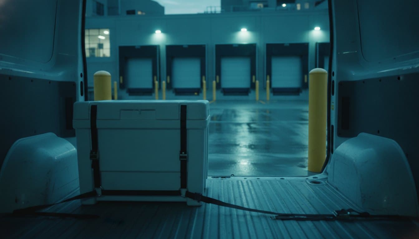 Organ and tissue transport cooler secured in a medical courier van at a hospital loading dock