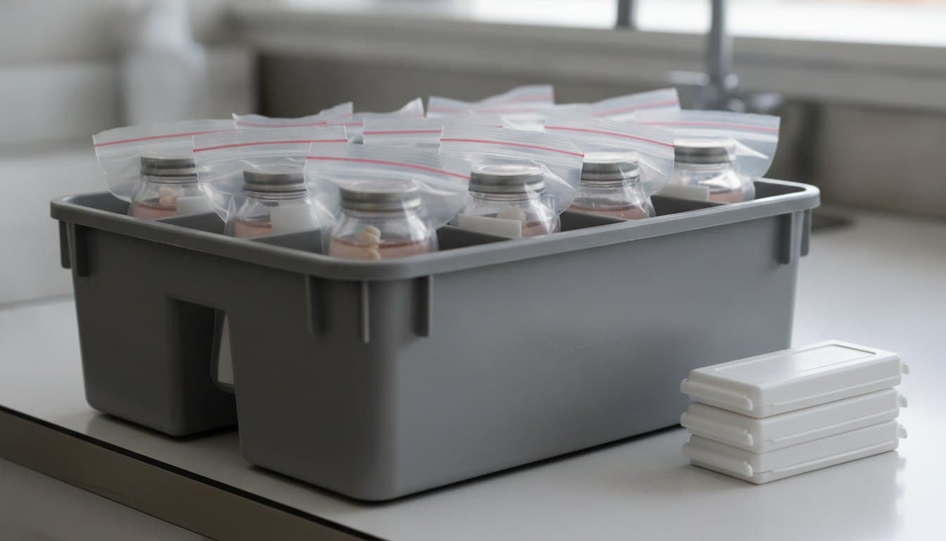 Formalin biopsy jars bagged in a rigid tote for pathology specimen transport