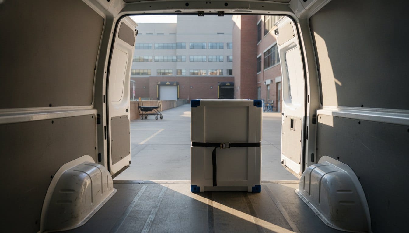 Radiopharmaceutical delivery container secured in the cargo area of a medical courier vehicle