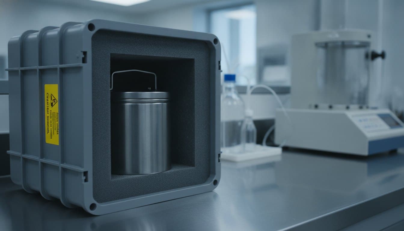 Shielded Type A package staged for radiopharmaceutical delivery on a nuclear pharmacy counter