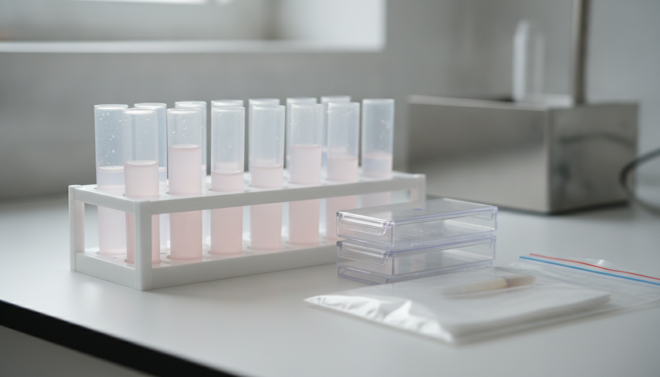 Cytology specimen transport: liquid-based cytology vials in a rack beside slide mailers and a sealed bag