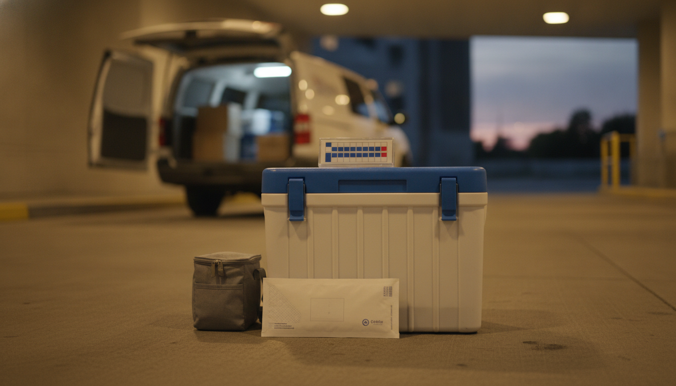 Interfacility medical courier: validated blood product cooler and specimen tote at a hospital loading dock