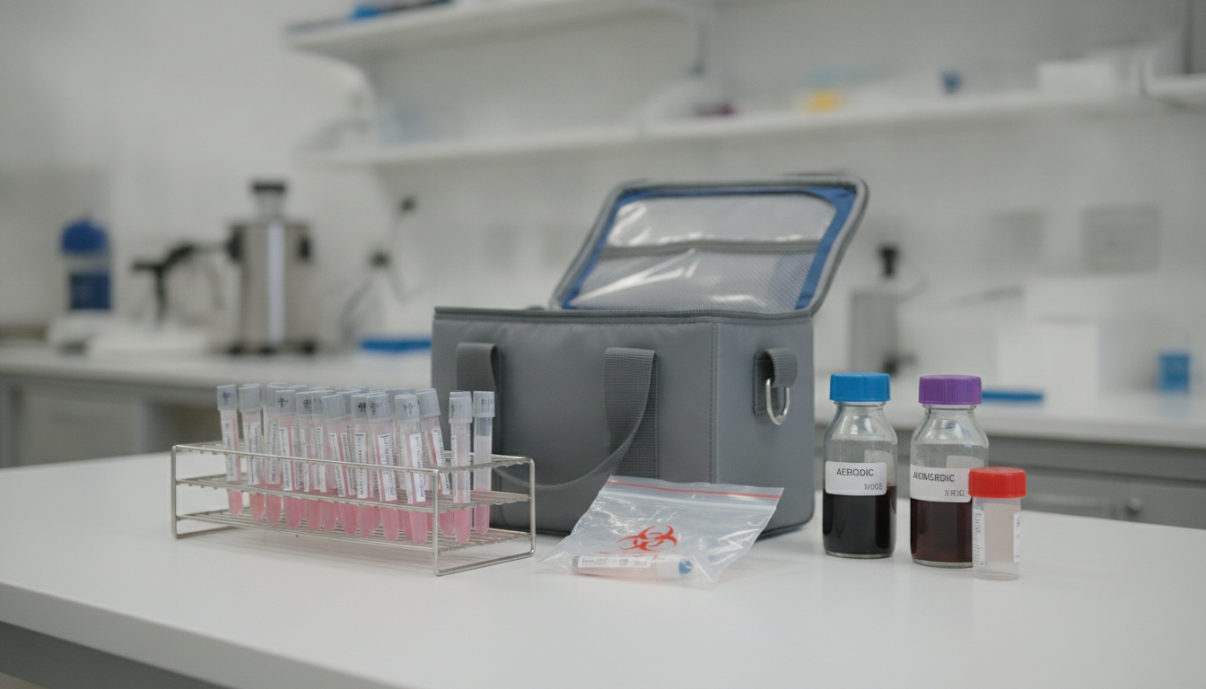 Microbiology specimen transport: swab transport tubes, blood culture bottles and a sealed specimen bag beside a tote