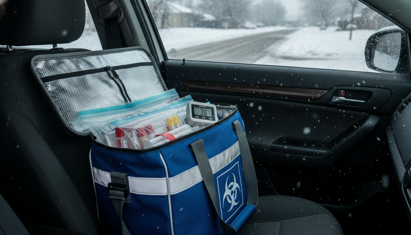 Winter medical courier operations: insulated specimen tote with temperature logger inside a snow-covered vehicle